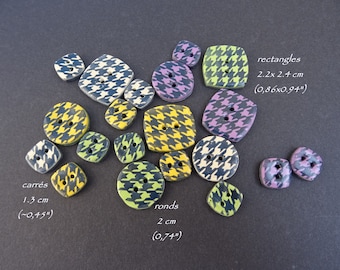 Boutons fantaisie à motifs pied de poule de 4 couleurs, plusieurs formes et dimensions au choix, faits à la main