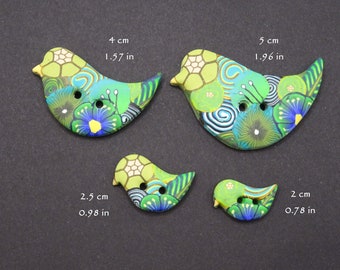 Boutons de couture oiseaux verts, 4 dimensions au choix, faits à la main