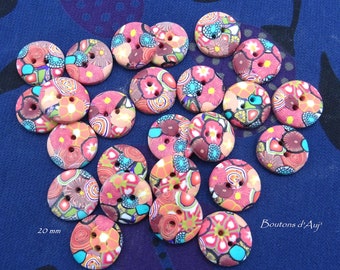 Pink flower buttons - round 20 mm - handmade - sets of 4, 5 or 6.