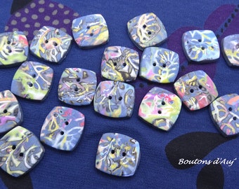 Blue fancy buttons with abstract patterns, 2.2 x 2.4 cm, packs of 4 or 5