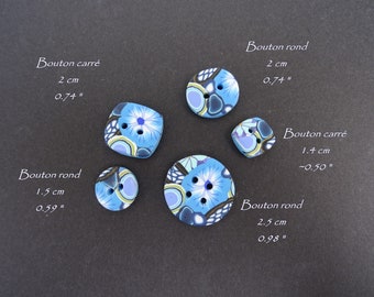 Boutons bleus à motifs, plusieurs formes et dimensions au choix, faits à la main