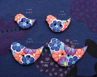 Boutons oiseaux à motifs fleuris, 4 dimensions au choix, faits à la main