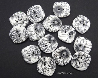 Boutons noirs et blancs à motifs de fleurs, 2.5 cm, lots de 2 ou 3