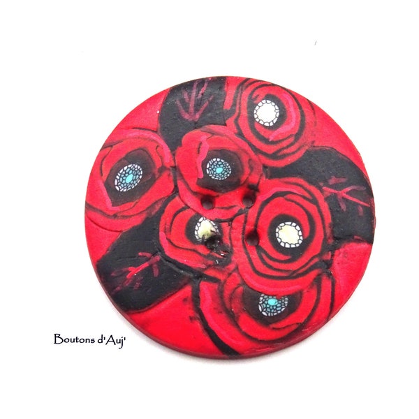 Grand bouton noir et rouge à fleurs - rond 4.3 cm - fait main en pâte polymère
