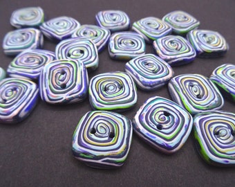 Boutons de couture carrés 2 cm (0.78") en lots, à motifs de spirales colorées, faits main