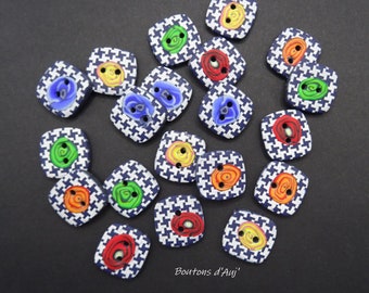 Boutons à motifs pied de poule et fleurs, 2 cm, faits à la main