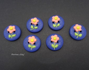 Boutons bleu marine à fleurs  2 cm (0.78"), lots de 2, faits à la main