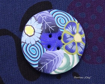 Bouton de couture bleu à fleurs 4 cm, création fait main