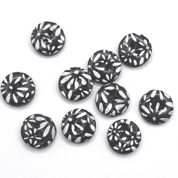 Boutons de couture noirs à motif de marguerites blanches 1.5 cm, lots de 10