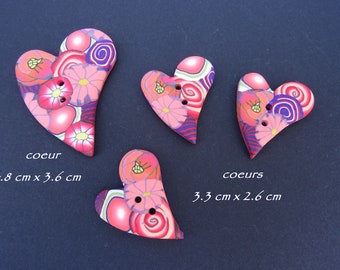 Patterned coral heart buttons, 2 sizes to choose from, handmade