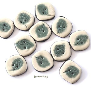 Beige buttons with green leaves - 2.5 cm - sold in lots - handmade