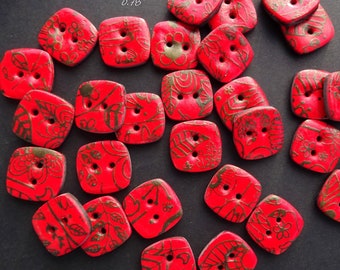 Boutons rouges à motifs noirs, carrés 2 cm (= 0.78"), lots de 6