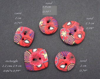 Red buttons, several shapes and sizes to choose from, handmade