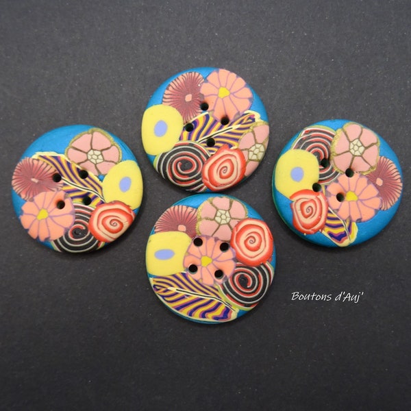 Beaux boutons ronds à fleurs 3 cm (1.18 in)  en pâte polymère
