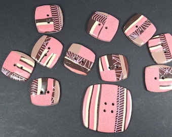 Old pink buttons for coat - Set of 7 - square - two sizes