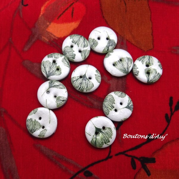 Vita ginkgobladknoppar - runda 15 mm (0,59 tum) - handgjorda - 10-pack