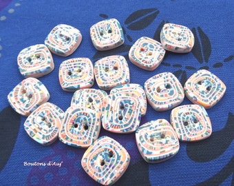 Boutons de couture carrés 2 cm, motifs de spirales colorées, lot de  5