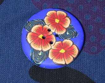 Grote blauwe fantasie-naaiknoop met bloemen, rond 4 cm, handgemaakt