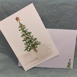 Carte de Noël aquarelle originale -- Arbre à feuilles persistantes avec des accents métalliques