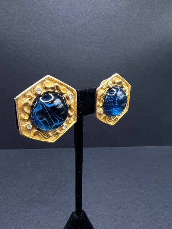VTG Blue Swirl Mogul Gripoix Cabochon Earrings Ru… - image 3