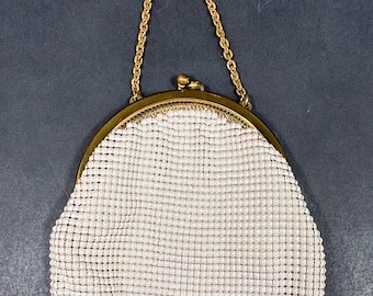 VTG Whiting & Davis Art Deco portemonnee van wit metaal met mesh, gouden kusslot en ketting