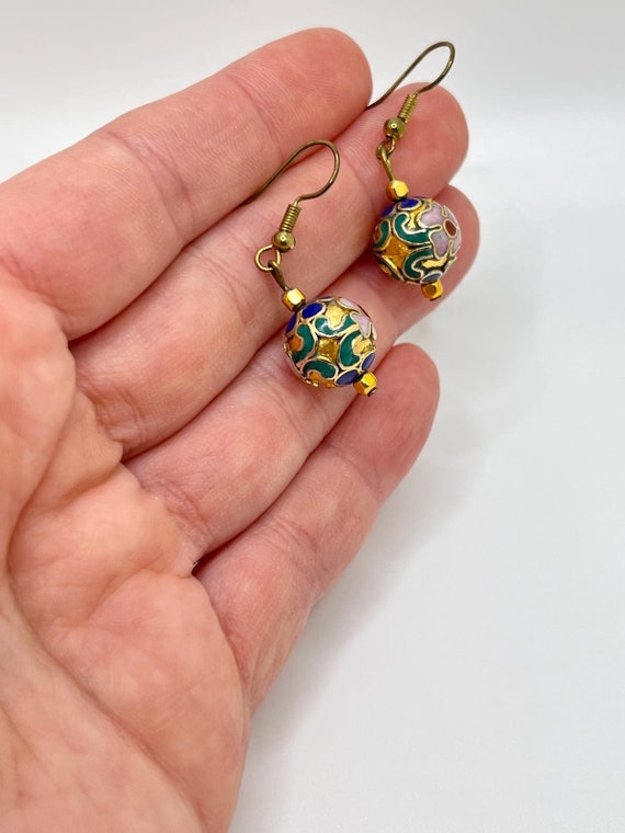 Floral Cloisonne Bead Earrings Gold tone/Color en… - image 7
