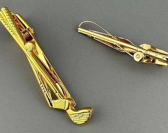 Vintage dasspeldclip Veel 2 goudkleurige golfclubs hengel accessoires voor heren