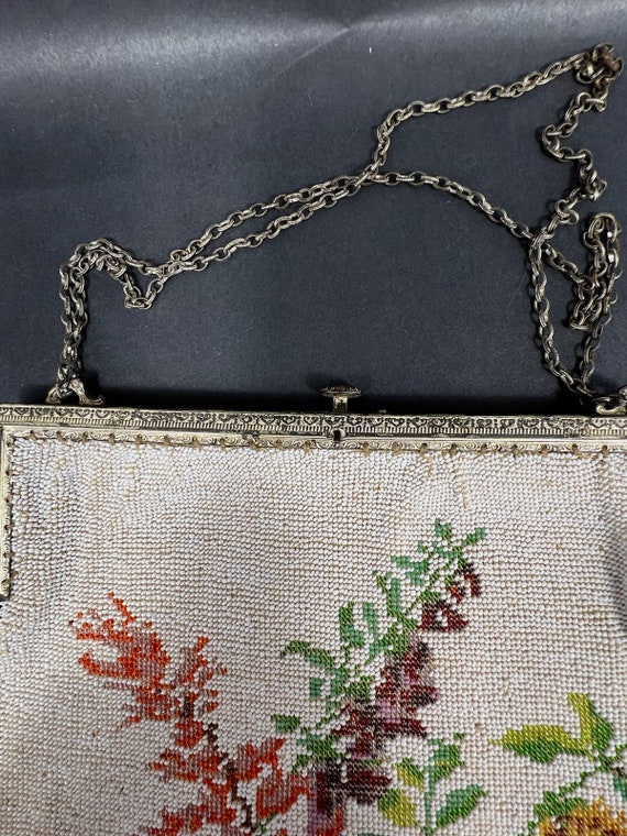 Vintage Antique White Micro Beaded Purse w/Floral… - image 5