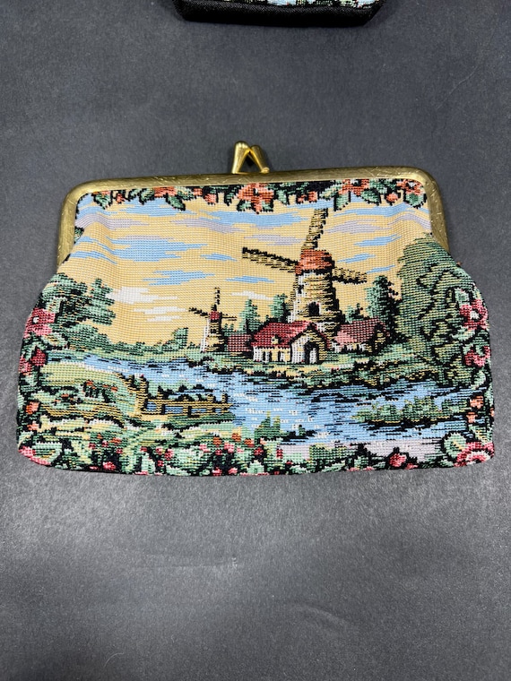 Vintage Windmill Needlepoint Tapestry Small Clutch