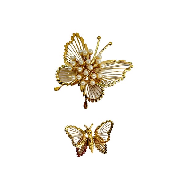 Monet Gold tone Wire Butterfly Brooches 1 w/faux … - image 1
