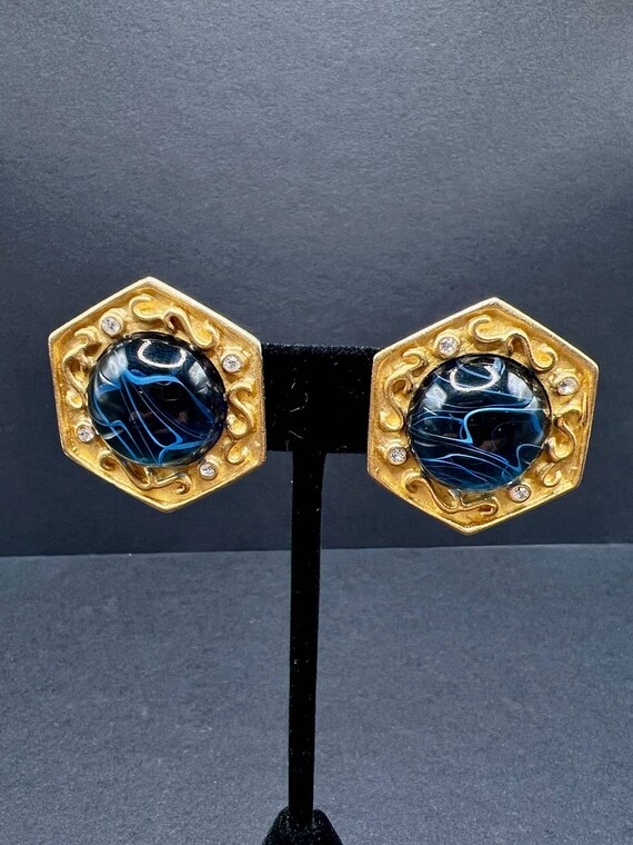 VTG Blue Swirl Mogul Gripoix Cabochon Earrings Ru… - image 2