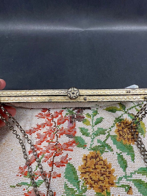 Vintage Antique White Micro Beaded Purse w/Floral… - image 10