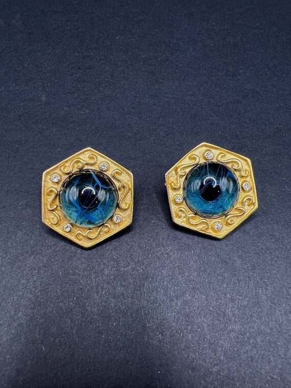 VTG Blue Swirl Mogul Gripoix Cabochon Earrings Ru… - image 6