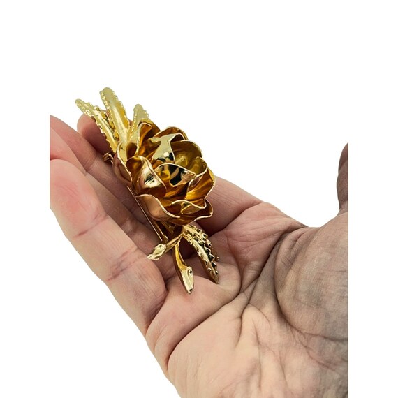 Gold tone Metal 3D Rose Flower Brooch LG Faux Pea… - image 5