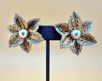 Vintage Damascene Flower Earrings Dimensional 3D Faux Pearl Clip On Gold Tone