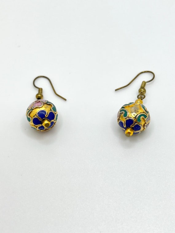 Floral Cloisonne Bead Earrings Gold tone/Color en… - image 8