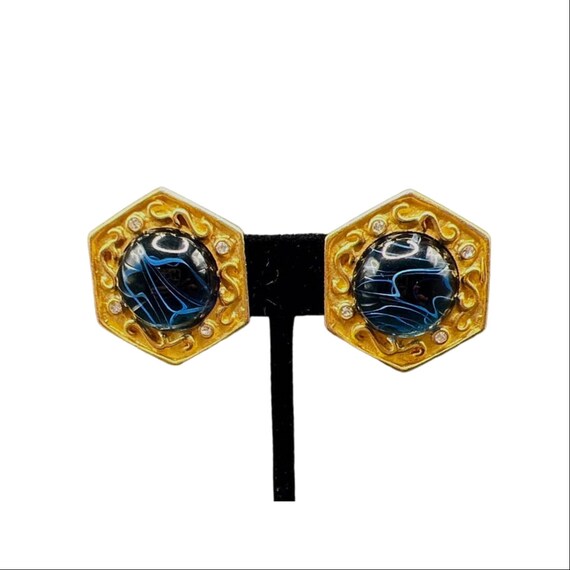 VTG Blue Swirl Mogul Gripoix Cabochon Earrings Ru… - image 1