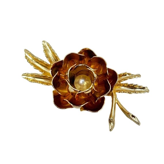 Gold tone Metal 3D Rose Flower Brooch LG Faux Pea… - image 2