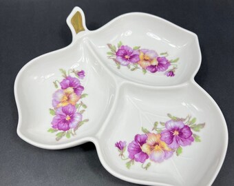 VTG Old Nuremberg Bavaria Germany 3 Section Leaf Dish Violet Pansies Porcelain