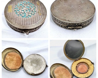 Antique 1923 Silver Compact Makeup Powder Mirror Floral & Turquoise embellishing