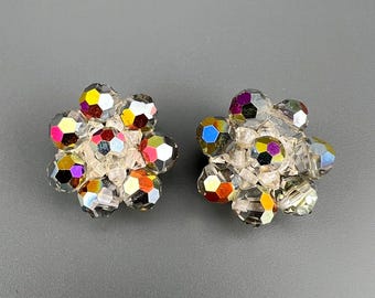 Vintage AB Crystal Earrings Smokey Gray Cluster Sparkly Gunmetal Silver Tone
