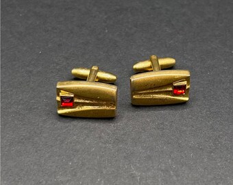 Art Deco Speidel Cufflinks Diamond Cut Ruby Red & Gold Tone Rectangular Vintage