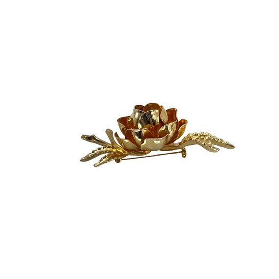 Gold tone Metal 3D Rose Flower Brooch LG Faux Pea… - image 7