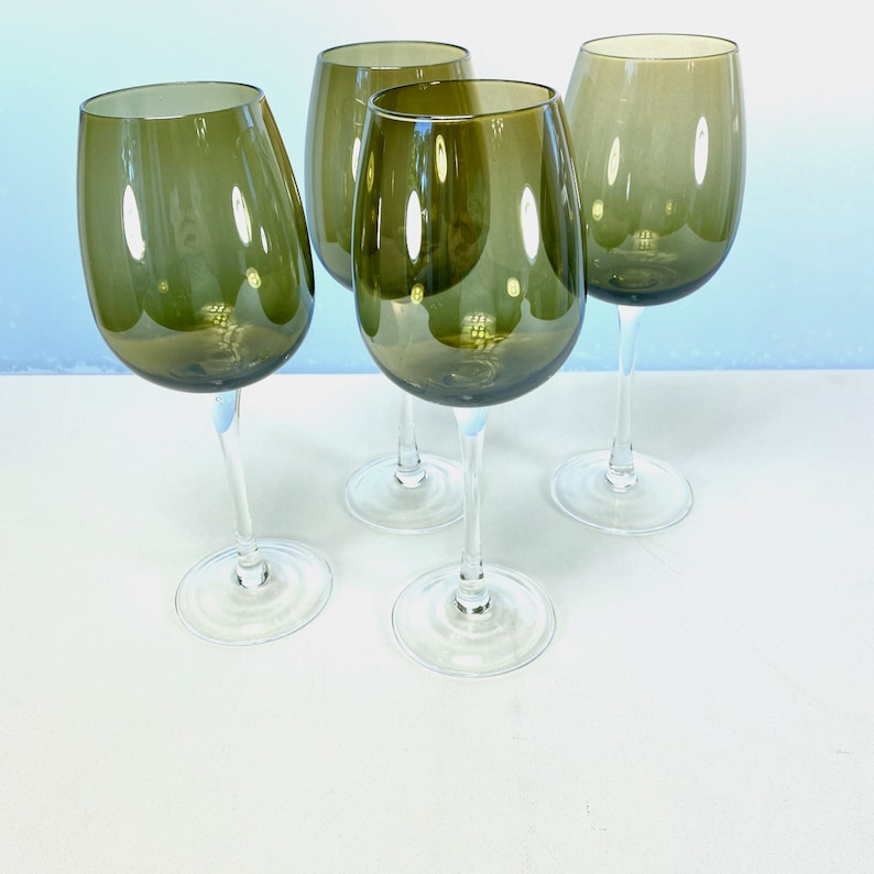Vintage Iridescent Olive Green with Clear Stem 9 1/4 inch Wine Etsy