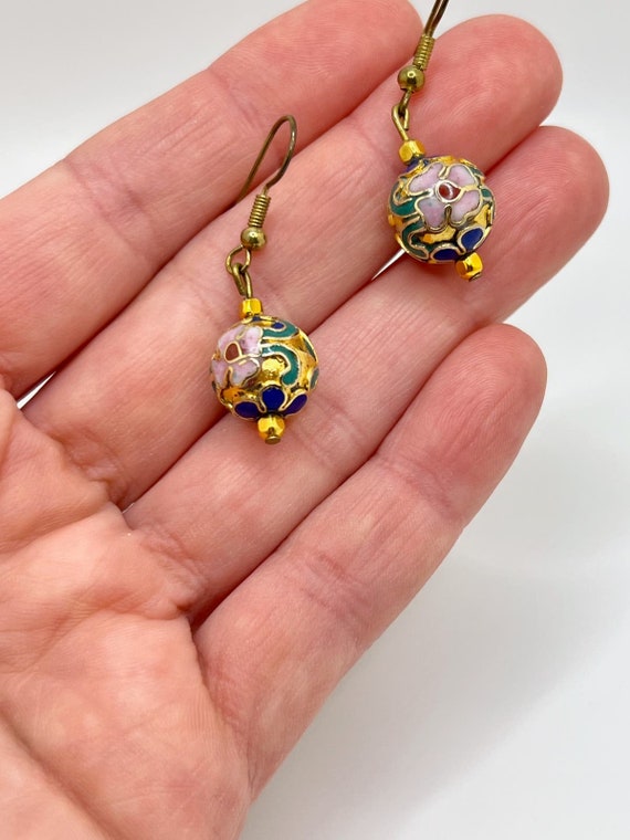 Floral Cloisonne Bead Earrings Gold tone/Color en… - image 6