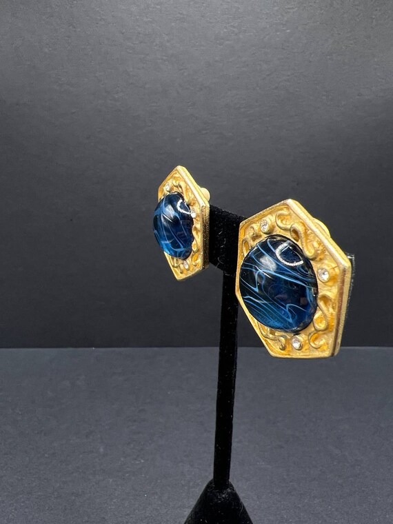 VTG Blue Swirl Mogul Gripoix Cabochon Earrings Ru… - image 5