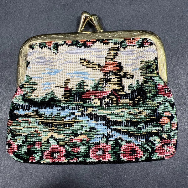 Vintage Windmill Needlepoint Tapestry Small Coin Pouch Kiss Lock Cottage Core