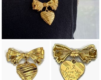 Vintage Gold tone Heart & Bow Brooch Pin w/I Love You Mother on Heart by Avon