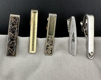 Vintage MCM Tie Bar Clips Lot Gold Silver Tone Art Deco Geometrics Etched Enamel