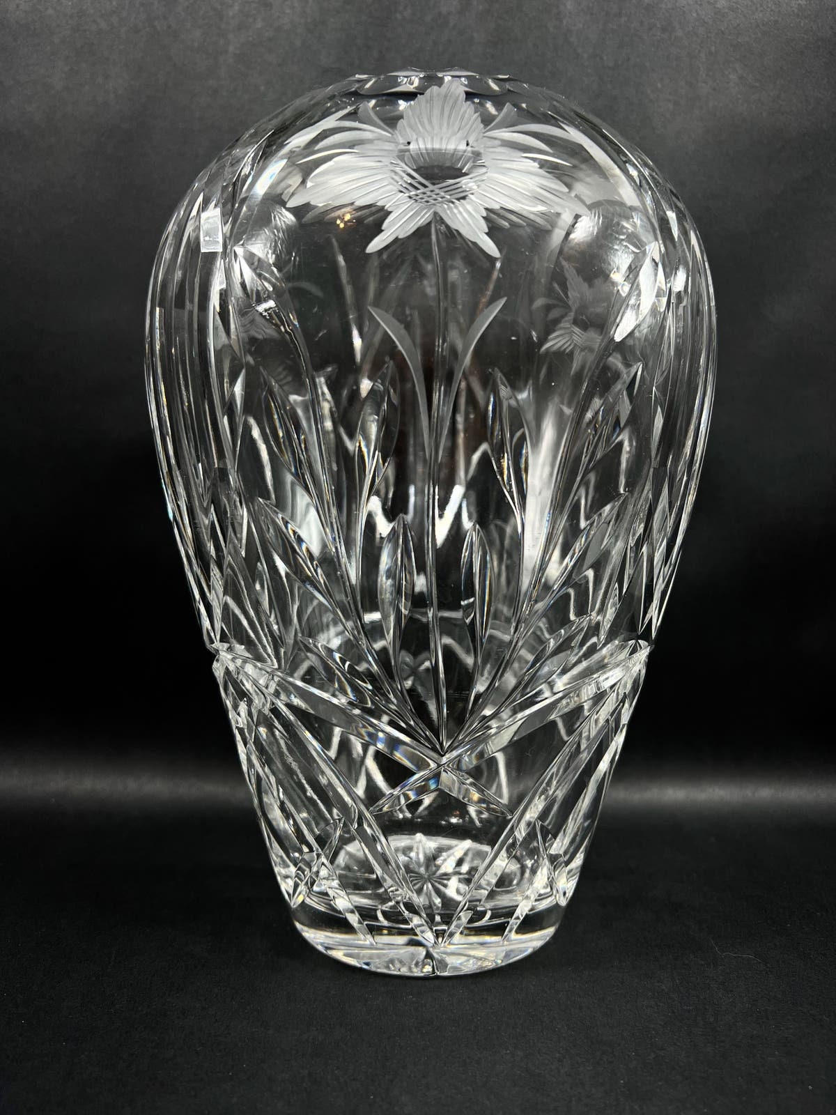 VTG Estate Large 10 Floral Etched Cut Lead Clear Crystal Vase Heavy 5.